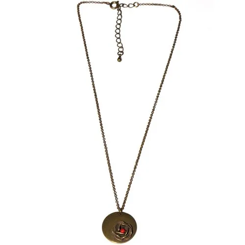 Collier rose rouge en bronze vieilli avec chaine longueur ajustable