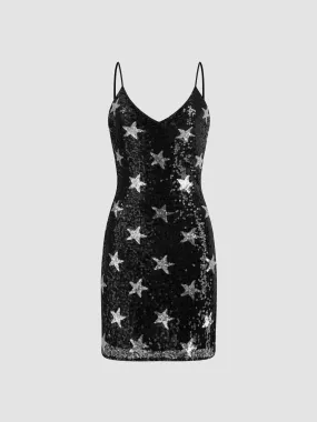 Robe mini à col en V et étoiles à paillettes